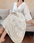 Women's Elegant Floral Print Drawstring Waist
V-Neck Long Sleeve Dress, Suitable For Summer Vacation
