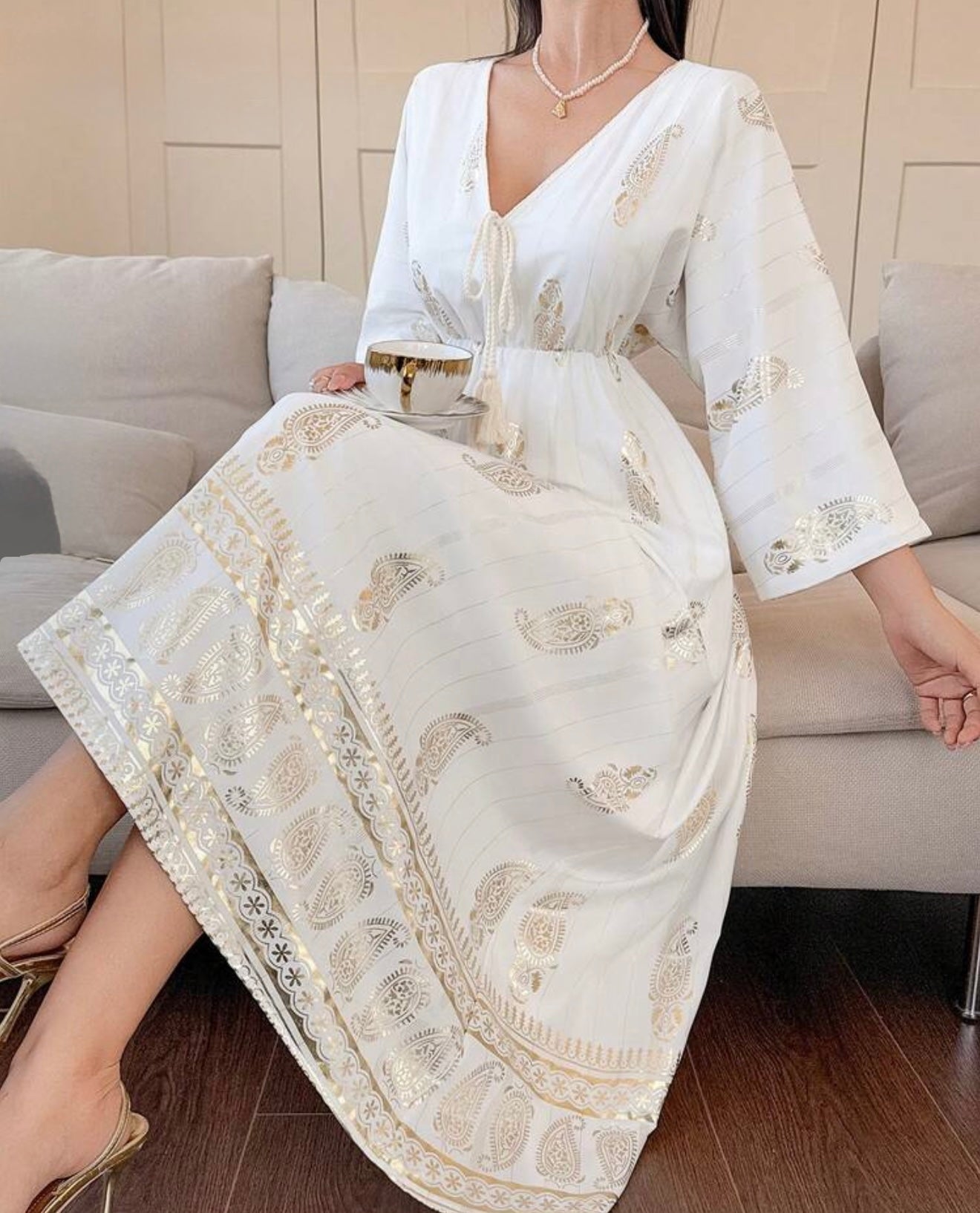 Women's Elegant Floral Print Drawstring Waist
V-Neck Long Sleeve Dress, Suitable For Summer Vacation