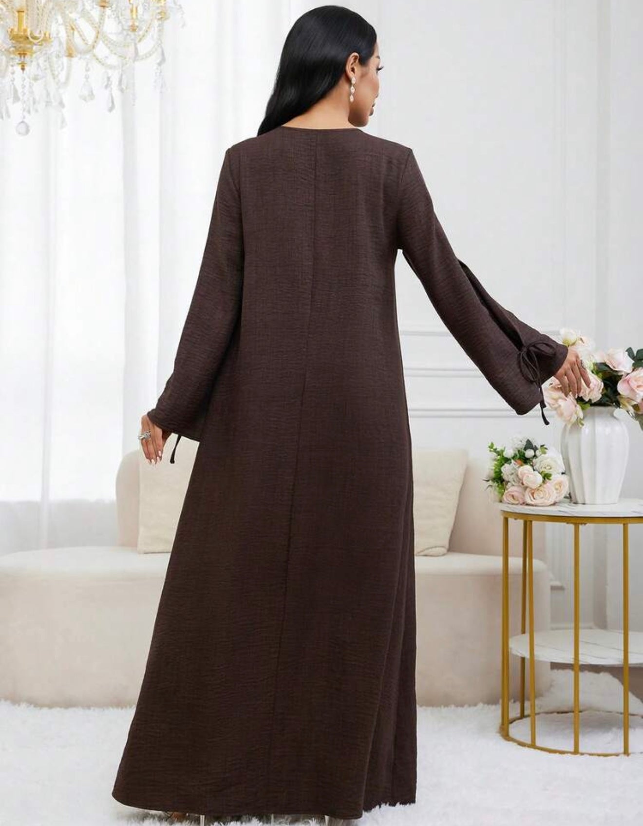 Sleeve Loose Arabic Dress Dress Modest Brown  Women