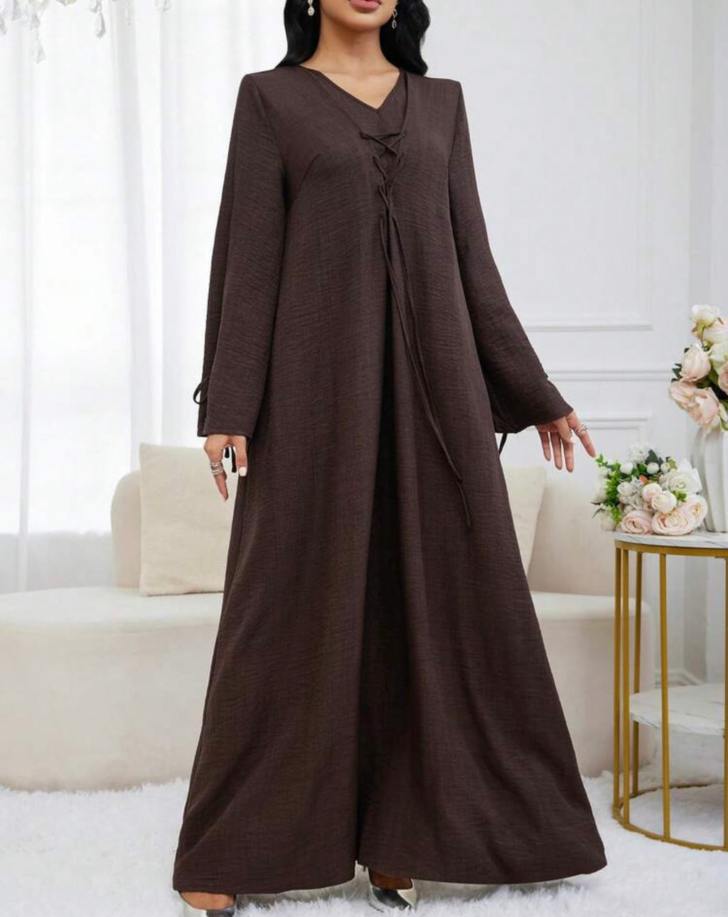 Sleeve Loose Arabic Dress Dress Modest Brown  Women
