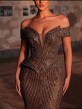 Off-Shoulder Pearl & Sequin Floral Mermaid Dress,Heavy Embellishment