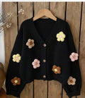 Contrast Color 3D Floral Knit Cardigan, Loose V-Neck Short Style Youthful Women's Cardigan Sweater, Macaron 3D Floral Knit Cardigan Versatile Casual & Date Top Black