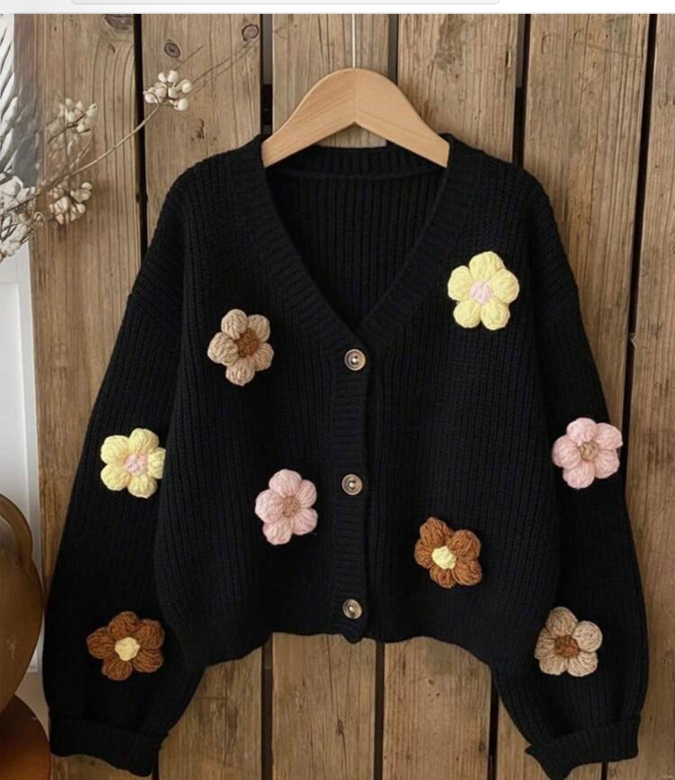 Contrast Color 3D Floral Knit Cardigan, Loose V-Neck Short Style Youthful Women's Cardigan Sweater, Macaron 3D Floral Knit Cardigan Versatile Casual & Date Top Black