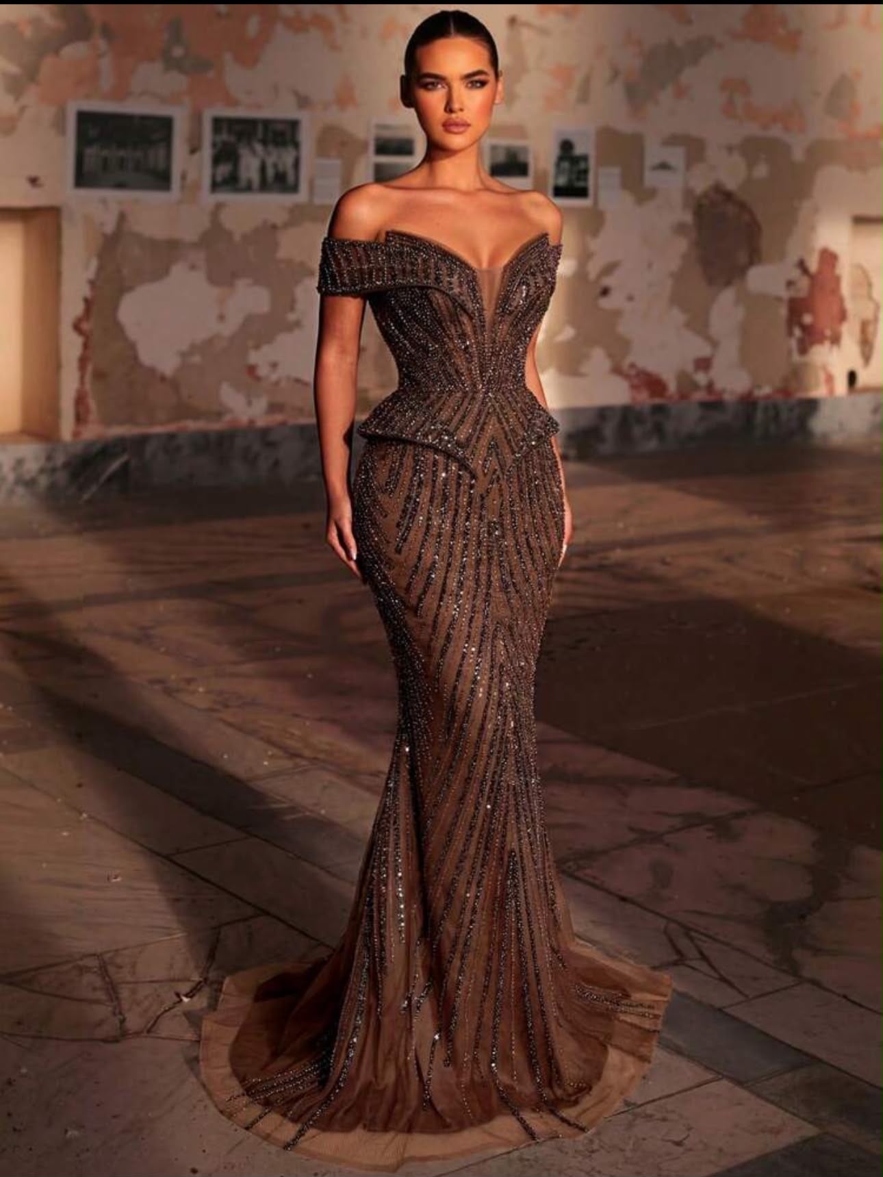 Off-Shoulder Pearl & Sequin Floral Mermaid Dress,Heavy Embellishment